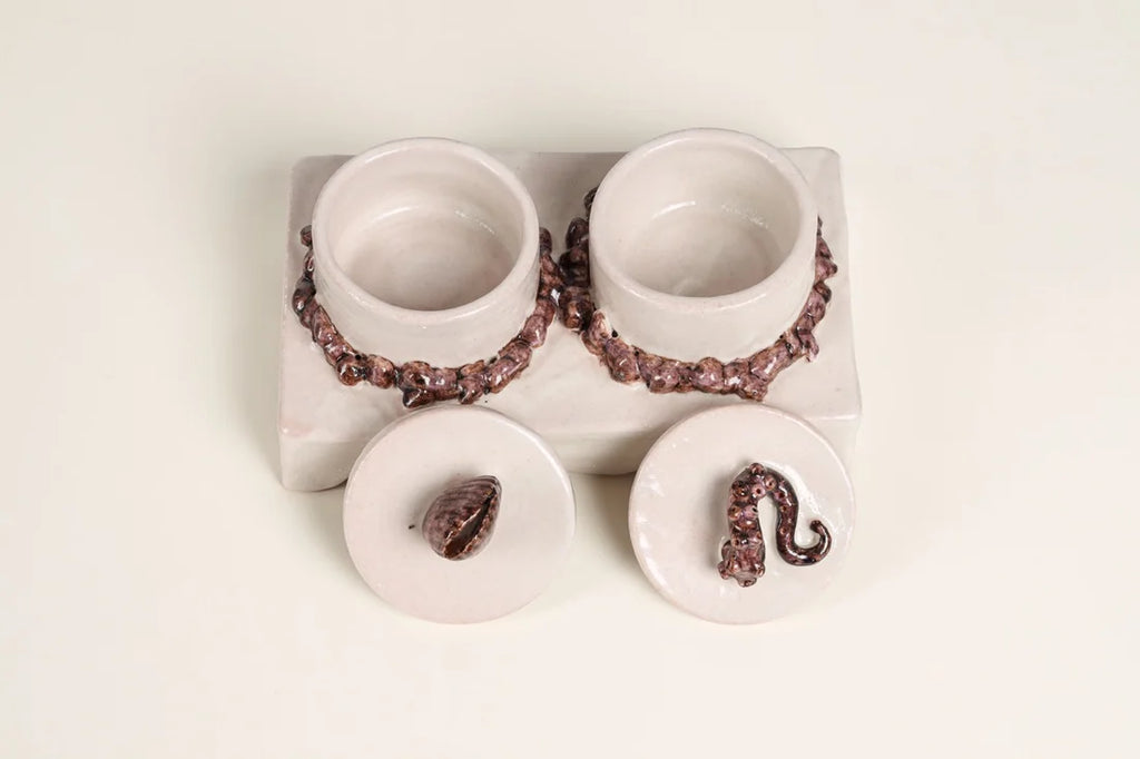 Artisan Twin Condiment Bowls with Lids & Sculpted Base