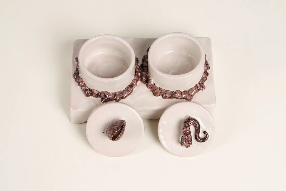Artisan Twin Condiment Bowls with Lids & Sculpted Base