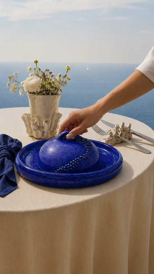 Cobalt Beaded Sculpted Ceramic Cloche Serving Set