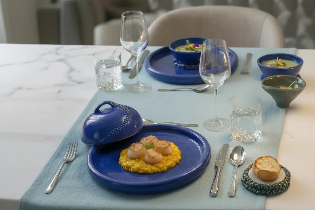 Cobalt Beaded Sculpted Ceramic Cloche Serving Set