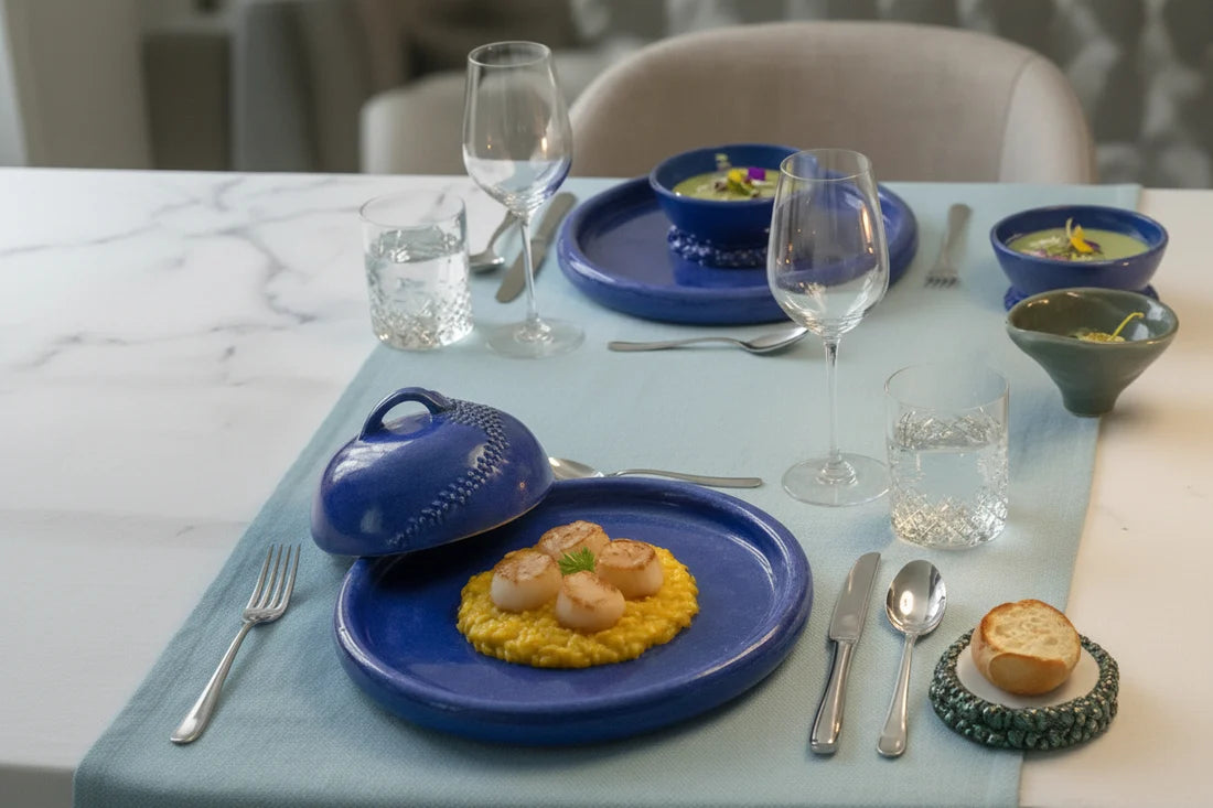 Cobalt Beaded Sculpted Ceramic Cloche Serving Set