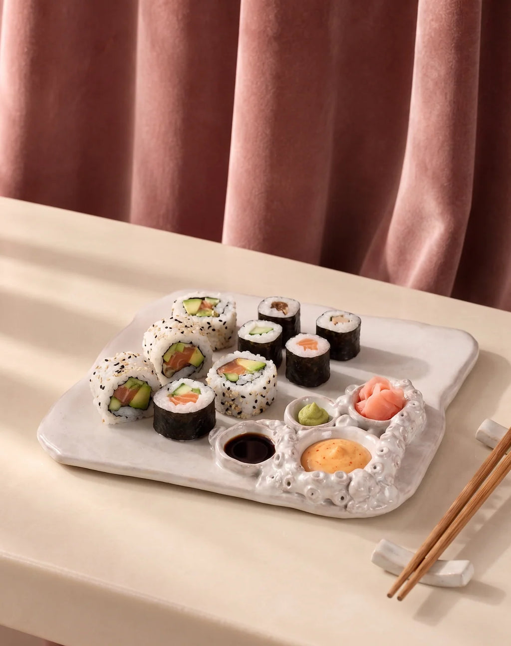 A ceramic sushi platter with a textured, organic shape, filled with assorted sushi rolls, nigiri, dipping soy sauce, wasabi, and a small orange sauce, styled on a beige table with pink velvet curtains in the background.