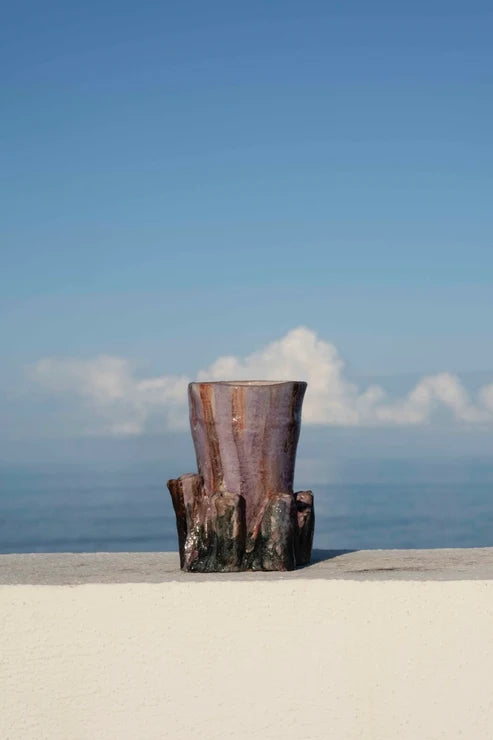 A rustic ceramic planter shaped like a tree stump, featuring a brown and purple glazed body with dark textured accents, set against a scenic background of a blue sky and ocean.