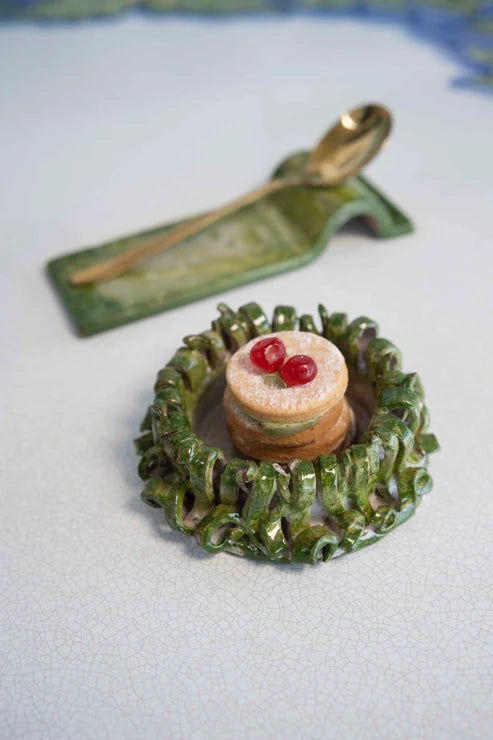 Seaweed Textured Mini Dessert Dish Set, Green Glaze